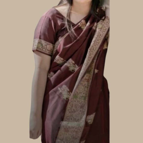 Maroon Purple Eggplant Silk Saree Rose Embroidered Floral Border Wedding - Picture 15 of 15